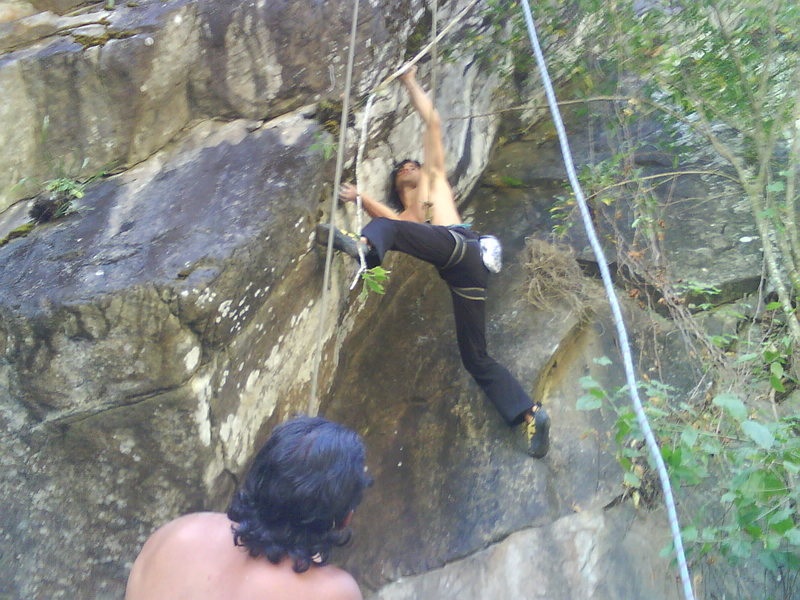 New sector next to the main river of Boquete - Caldera River. Marcos belaying Cesar