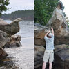 Photo of the lake when it is slam full and the same rock when the lake was at it's lowest point.  There are a few good routes that are only out of the water when the lake is low.