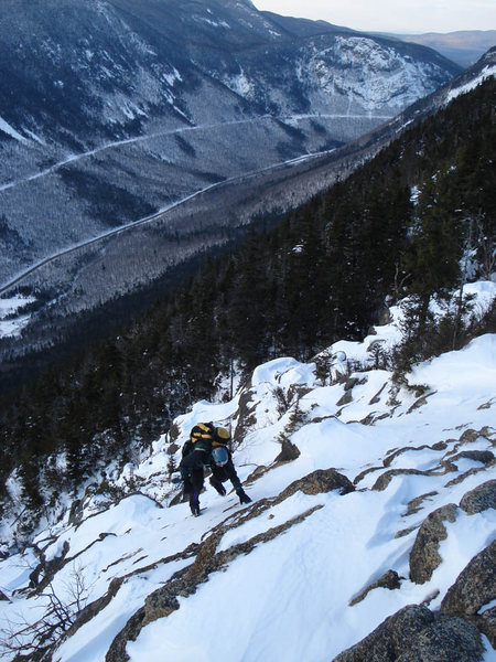 looking out at the notch from above the rock finish on Shoestring... my dad climbing...