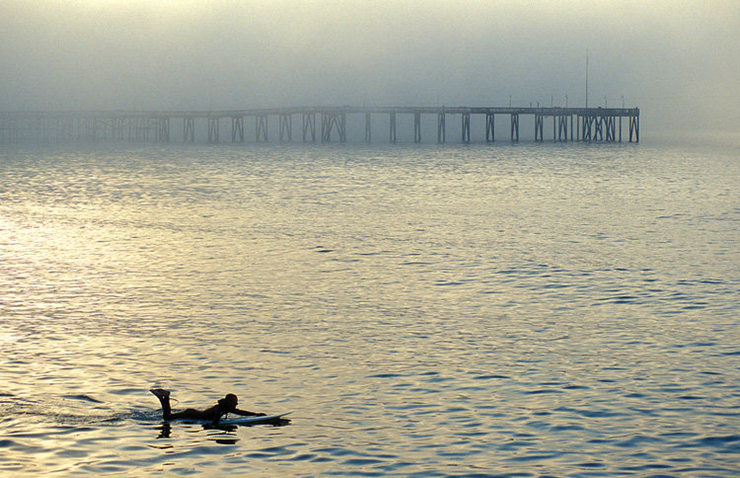 The Central Coast offers outstanding rest-day opportunities.  Here, Bill Vecchiarelli paddles out near the Ventura Pier.