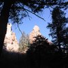 This one is taken from a little past the Grad Boulder as heading up canyon.  The route GI Joe starts from the base of the big pine trees left of the spire.