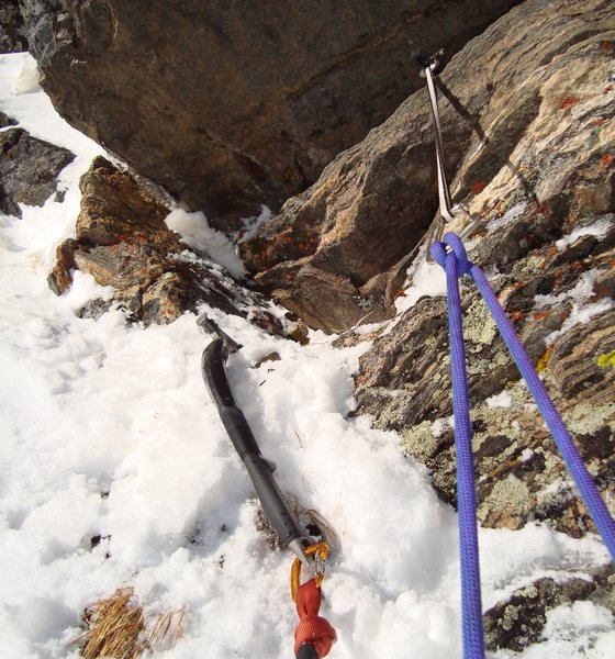 Part of my anchor atop P1.  I used a piton and my ice tool in frozen turf.  The anchor building options are slim and I ran out of gear!