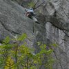 Tim Martel on the last pitch after exiting the rad jam crack (seen from above in Brian Post's photo... The route ends at the pine tree seen in the upper left corner of the photo...<br>
<br>
Pardon the butt shot,i thought the picture gave perspective to the route...