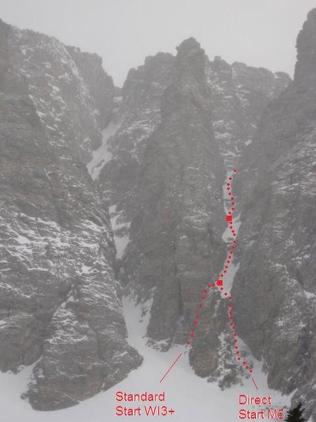 The Wham Couloir showing the standard and direct start.  Photo taken 2/23/08 by Chris Sheridan.