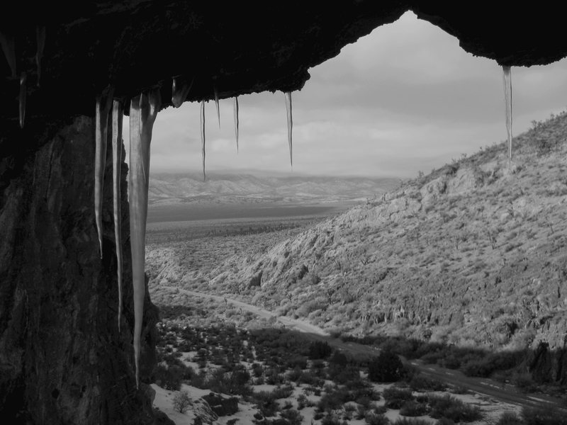 A nice sized 3 bedroom cave in Peekaboo Canyon, Nevada. Icicles included.<br>
<br>
Taken 2/11/09