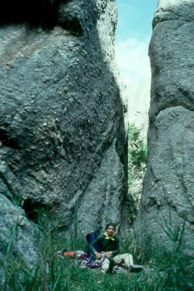 Needles, SD.  These pinnacles are pegmatites, possibly coarse grained off-shoots of the 1.7+ billion year old Harney Peak Granite, which were injected into basement rock during the Trans-Hudson Orogeny. The basement rock has been eroded (away),leaving the pegmatites as pinnacles. One of the pegmatite minerals is mica, which appears as a squarish "book," of many sheets.  I recall that the entire mica foothold bent as I stepped on it.  See for comparison, the pegmatite spires of the Monastery, CO.