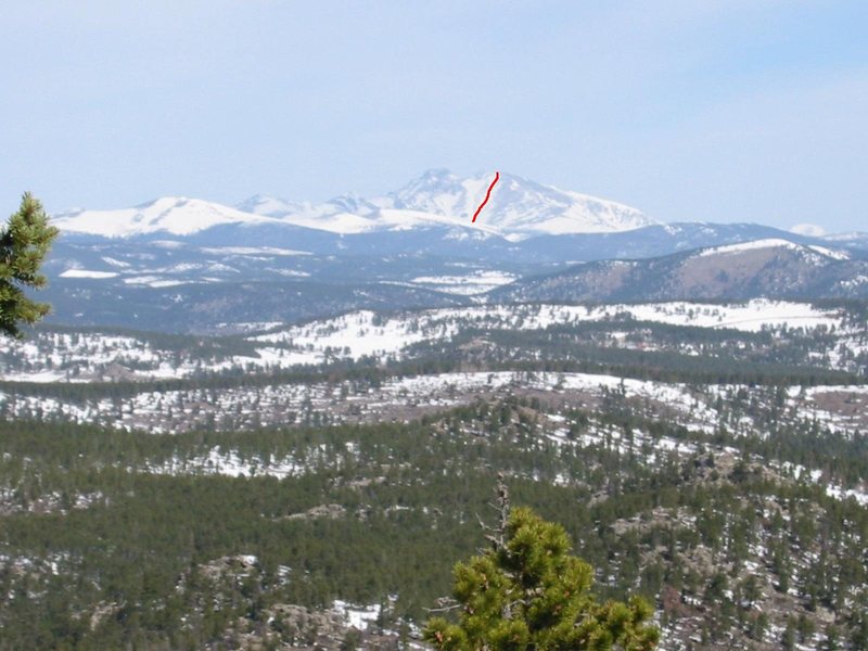 MT MEEKER, CO<br>
(Next to Longs)<br>
<br>
Dragon's Egg Couloir is marked.  <br>
The longest ski run we can see from Denver.<br>
<br>
http://www.mountainproject.com/v/dragons-egg-couloir/105759642  