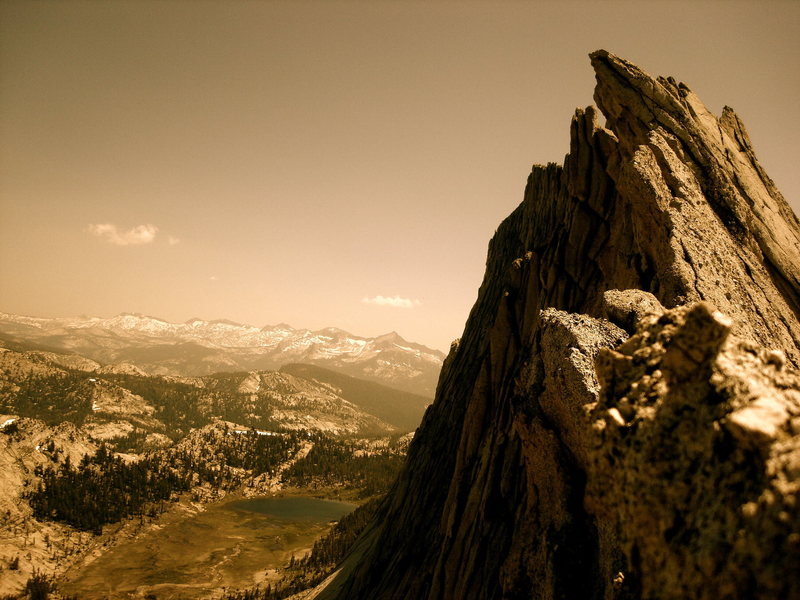 Looking back at the rock cornice pitch after soloing Matthes Crest.