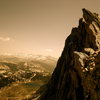 Looking back at the rock cornice pitch after soloing Matthes Crest.