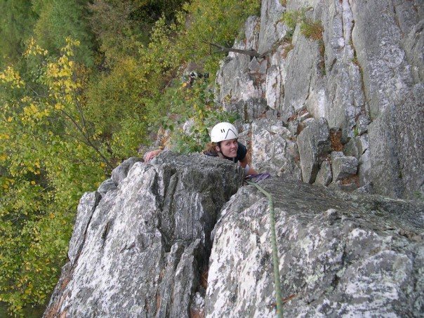 Leslie on the crux of Oldman's Route. Many people climb the chimney on climbers left, but the corner on her right gives the feeling of some exposure.