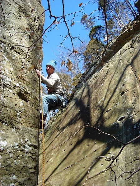 Steve sending the superb route "Lovely Arete".  All time classic, cool and varied moves in an amazing setting.  Feb. '09. 