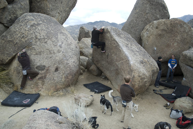 Climber on left is starting the egg (V1/2);<br>
Climber in middle is getting ready to mantle up off the jelly bean hand traverse (V1/2);<br>
Climbers on the right are standing under the "knob problem" (V3) (chalked knob is above the climber with the wool cap).<br>
