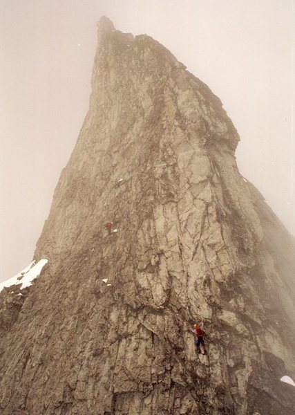 Marc following the first pitch on the Second Rock Butress, in deteriorating conditions.