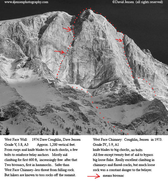 Matterhorn West Face with route descriptions and lines marked. 