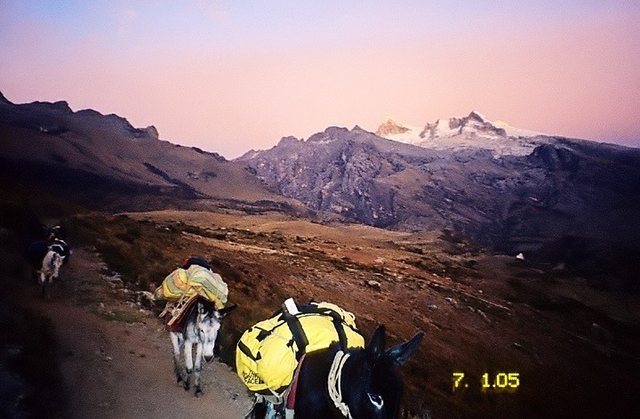 The trail between Pashba and Ishinca Valley, below Vullunaraju in the twilight.