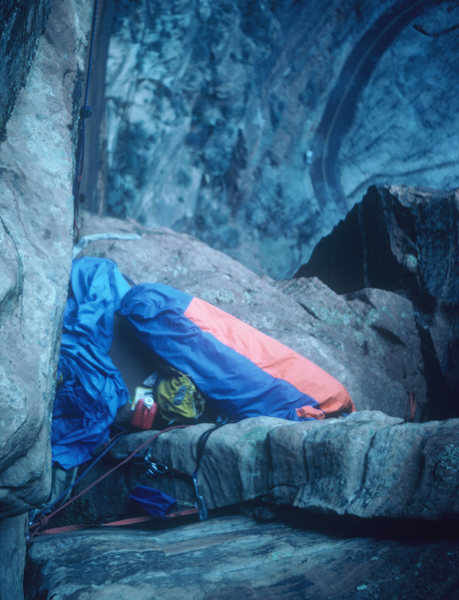 The "Better Bivy" on top of pitch 7, during the 2nd ascent, 1979.