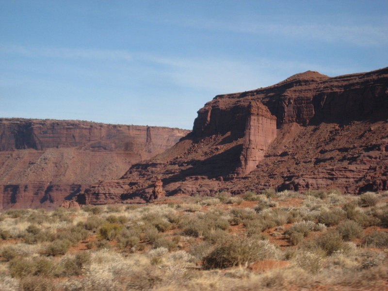 Carson's Tower (with River Tower in the background) from the dirt road that leads to the Fisher Towers.