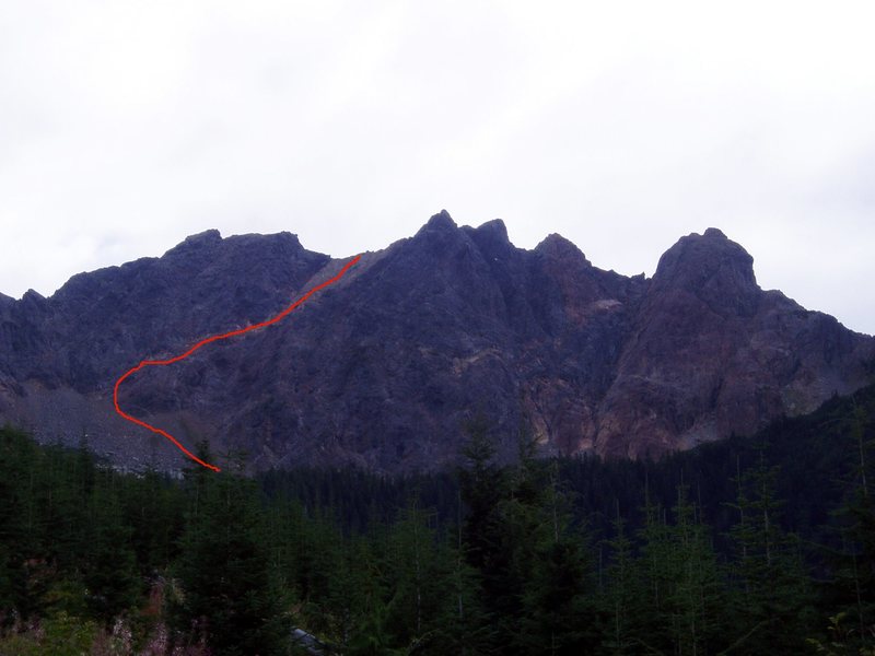 West face of the Old Settler from the end of the logging road showing the line of the standard route to the north-central col.