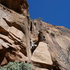 The initial chimney on pitch 1. Hardest part of the climb is just getting into it. 