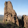 The Hand from the south. Leader is 15m below the saddle belay of Razor's Edge. Photo by John Hinson.