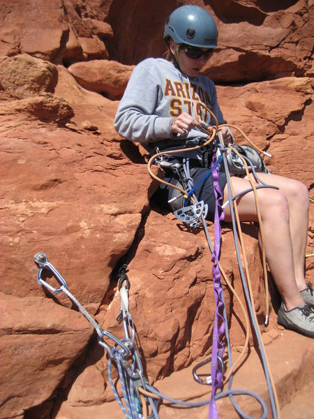 Belay at the top of pitch two.  One bolt, huge ledge, crack for medium gear