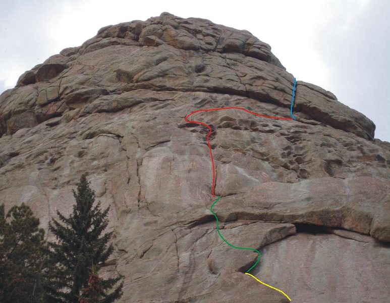 Upper portion of "School Daze" showing the very top of P1, P2, P3, and most of P4.  We did this in 5 pitches because we didn't know where to end it and because of rope drag issues.  I guess once you're done w/P4, you traverse out over some slabs and then downclimb several hundred feet of 5.4 slab.<br>
<br>
I ended up traversing out, then did a pitch going up towards the summit.  This pitch was 5.8 IMHO but short with only one 5.8 move.<br>
<br>
P4 is the fun wide crack (blue line) and was the money pitch...too bad it wasn't longer!  Protects well too!