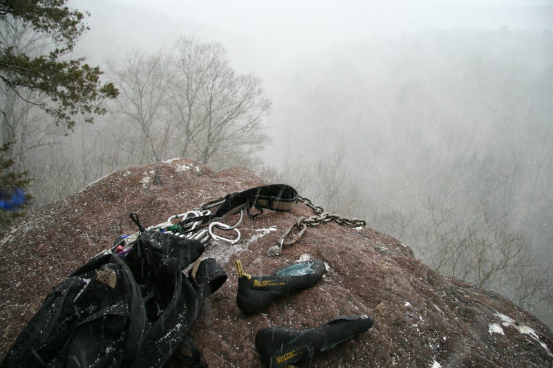 surprise snow squall while setting up for chain reaction