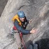 Chad traversing to the belay at the top of P3.