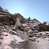 Leading up low angle but thin ice on Genuflect Falls.  Photo by Matt.