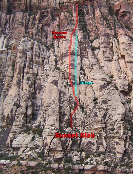 Sunset Slab, showing the standard route and the direct variation.