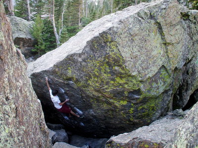 Bouldering in Lower Chaos Canyon, photo: Bob Horan.<br>
<br>
EDIT: Mikala, V6/7 in the Revenge Area.
