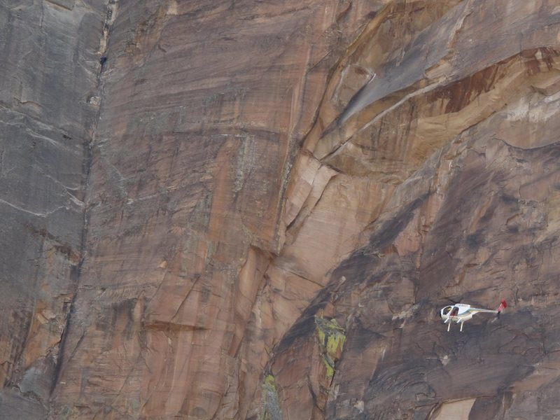 A police helicopter buzzes a climber on Rainbow Wall. Photo taken March 25, 2009.