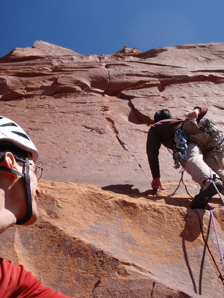 Ian setting off on P2.  He rocked the crux on P2, and in his words, it was "casual".