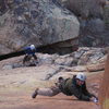 Jake leads the crux Dihedral (12-) with Ben at the belay, photo cred: T. Melin.