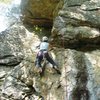 Ellen on Dog Biscuit (5.10c), Rumney (harder than it looks)