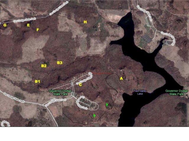 A -The Complex<br>
<br>
 Twin Valley North<br>
B1- cold dinner etc<br>
B2 - Life on the Prarie<br>
B3 - A cool alcove of boulders set off of main cliff. 4 possible lines at best. Mostly V1-V2 <br>
<br>
C - Twin Valley Campground<br>
E - Barrel Ridge<br>
F - Alpine Bouldering Club<br>
G - Barrel Boulders<br>
H - Small ridge line. Maybe 5 problems possible, mostly short V1-V2.<br>
?? - area to be explored?