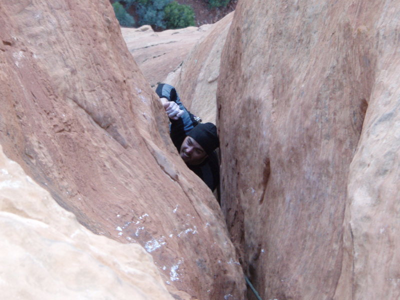 Sean involved with the crux on pitch 4 