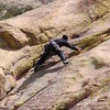 Scott climbing an old school trad line he saw that looked like fun... There was some A+ chicken head slinging and creative use of nuts going on from my vantage point a couple of routes over. That's why we like the Stronghold! :-) FYI-- the route was WAY steeper than it looks in this photo.  The camera was turned.