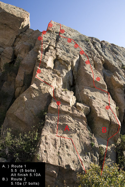 Route 1 is shown on the left climbing the arete. The first bolt is a bit high off the ground and the third bolt feels a bit runout, but the climbing is easy.