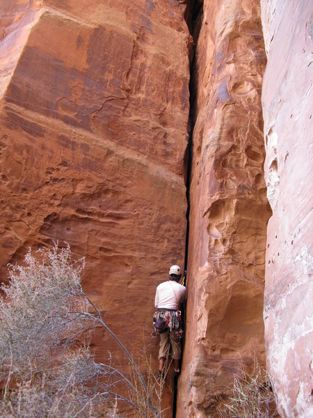 Joe on Saddle Sores:  the nice hand crack on the lower half of the route.