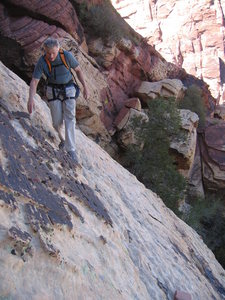 "Small ledge system traversing left" on the way down (before rappels).  This is actually the highest point reached during the route.  Marked by several cairns.