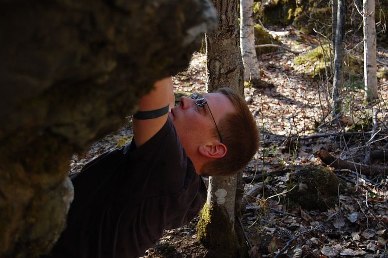 Jared LaVacque entering the crux of "A Steady Diet of Frostbite" V6/7  Somewhere, Alaska