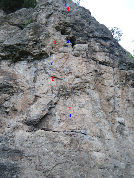 Roadside Attraction. The blue numbers indicate the location of existing bolts (or recently existing in the case of the 3rd) and the red numbers indicate the possible location of new bolts.