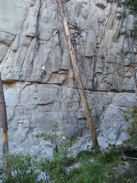 Geir Hundal just starting the crux section.  The climb starts 20 feet lower and to the left and has an unprotected 5.6 move to reach the horizontal.