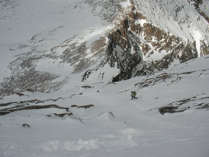 Jeff Barnow making tele turns on the North Face of Longs Peak.  Photo by: Austin Porzak