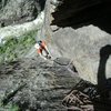 Coming up to the belay on the fifth pitch of Atlantis.