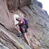 Rich climbing past the white bird guano above the headwall.