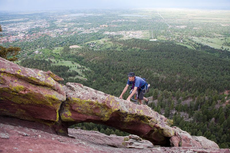 Mike crossing the arch on the SE Arete of the Second Flatiron.