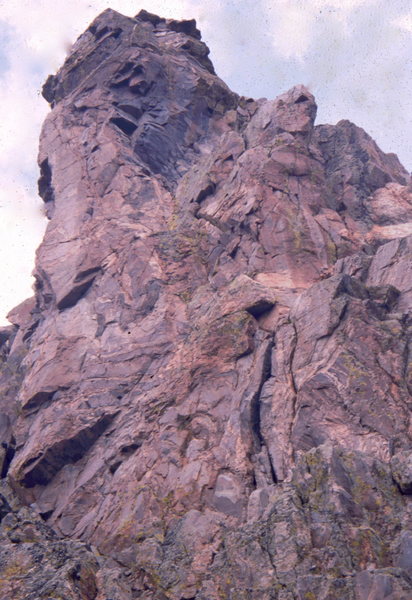 Looking up at Sky Pilot Route which follows clean arete and face up the left edge of the Sky Pillar.