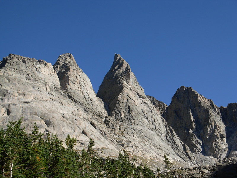 Shark's Nose from above Shadow Lake. Overhanging Tower to the left.